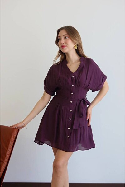LOKADI Women's Waist-Tied Buttoned Double-Breasted Collar Mini Chiffon Dress