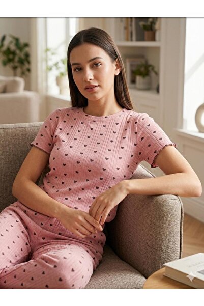 fameshomewear Summer Knitted Pink Heart Patterned Women's Shorts Set