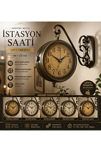 KOLAYEV Eskitme Metal Retro İstasyon Saati 36x25 Cm Çift Taraflı Dekoratif Du...