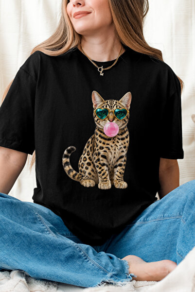Auryne Jewelry Women's Cat Gum Print T-Shirt 100% Organic Cotton Crew Neck Co...