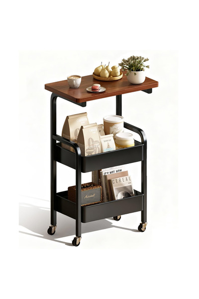 YESMAX 3 Tier Metal Rolling Utility Cart Organizer with Walnut Table Top, Sta...