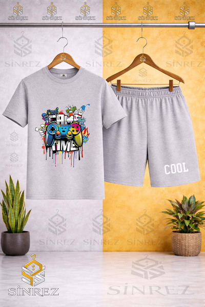 SİNREZ Tricou imprimat GAME TIME COOL pentru copii cu gât rotund - Set pantal...