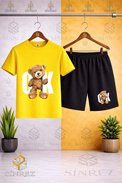 SİNREZ Crew Neck Kids' Bear White Printed T-Shirt - Shorts Set