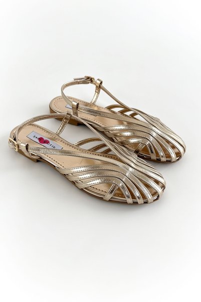 Shoebutik Rosamar Gold Leather Band Detail Flat Sole Women's Sandals