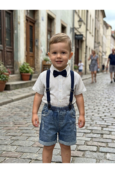 Necix's Boys' Summer Holiday Slopet Suit with Bow Tie Shirt and Denim Shorts