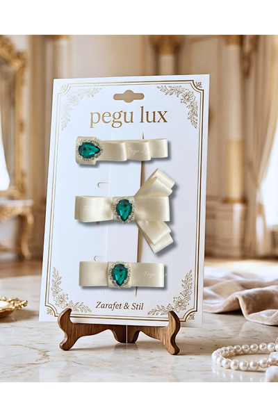 pegu baby collection Set de 3 agrafe cu piatră, cu panglică din satin ecru, s...
