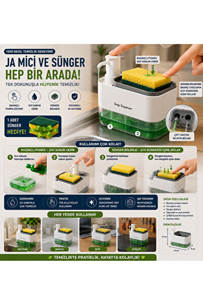 Generic Basınçlı Sıvı Sabunluk ve Süngerlik – 2’si 1 Arada Mutfak Dispenseri