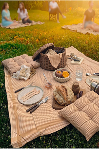 SUNDOKU HOME Kare Desenli Piknik Seti 2 Adet 40x40 cm Minder + 170X170 cm Pik...
