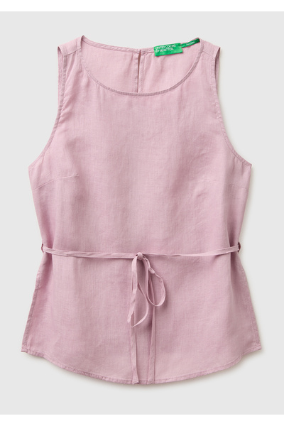 United Colors of Benetton Women's light pink 100% linen tie back button sleev...