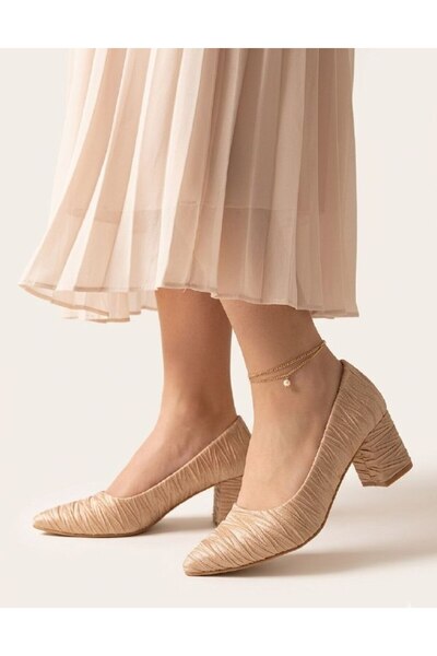Gönbeler Women's Beige Pleated Fabric Heeled Shoes – Handcrafted Special Desi...