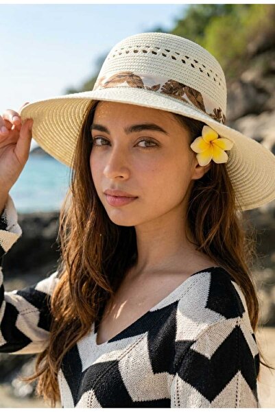 LAGRANZE Patterned Chiffon Bow Detailed Women's Straw Hat