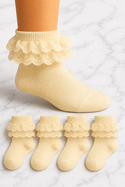 ZENGİN 4 Pack Girls' Lace Seamless Socks Set Soft Cotton