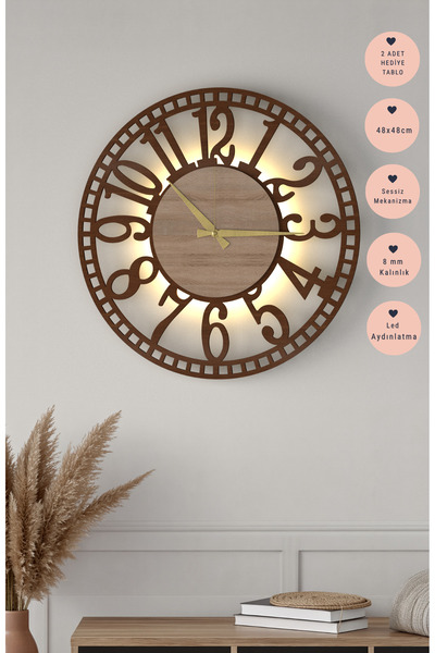 LUPOKRAFT Işıklı Ledli Modern Ceviz Ahşap Duvar Saati 48 cm Dekoratif - Sessi...
