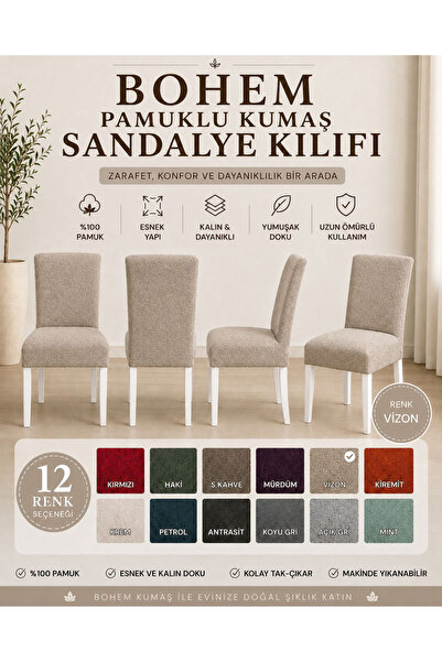 İLYEVTEKSTİLİ Bohem Pamuklu Esnek Standart Sandalye Kılıfı, Yıkanabilir, Doku...