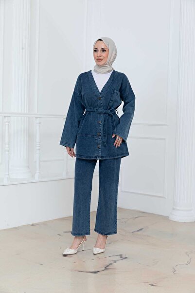 Denim Kuşaklı Oversize pantolonlu kot Takım