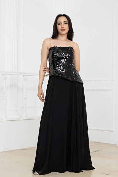 BEYBOS Top Sequined Bottom Chiffon Long Evening Dress - Black