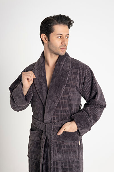 Nuşa Men's Shawl Collar Jacquard Checkered Bamboo Cotton Soft Absorbent Luxur...