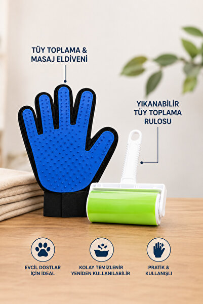 Kinlee Cat and Dog Hair Collection Set – Massage Glove + Washable Hair Roller