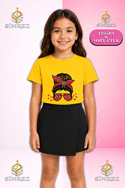 SİNREZ Set pentru fete FETĂ CU OCHELARI RED LEOPARD DSN Tricou cu mânecă scur...