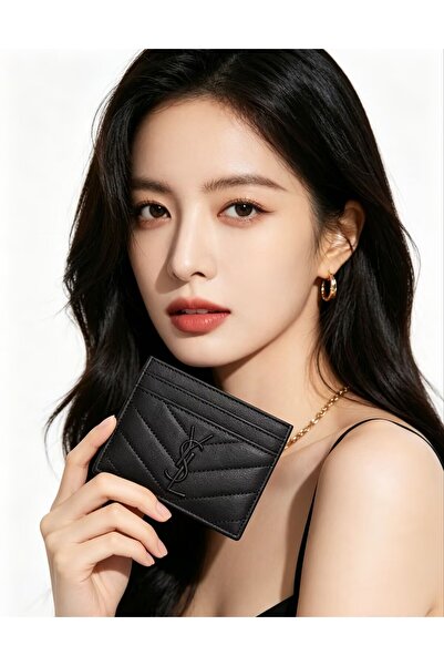 YS Chevron Quilted Leather Card Holder Black