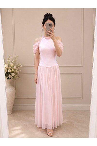 BROOKLYN STYLE Halter Neck Off Shoulder Chiffon Evening Dress