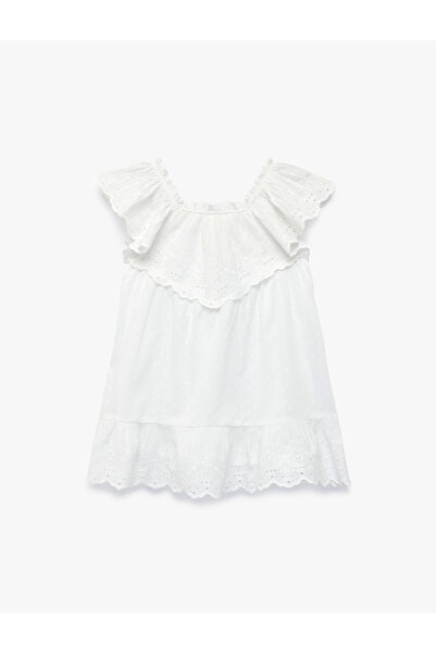Koton Rochie din bumbac cu guler cu volane, mâneci scurte și broderie