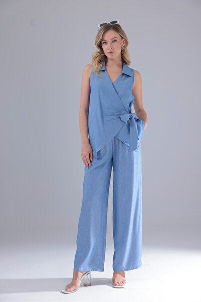 CEEMODA SET CU BLUZĂ TENCEL CU MÂNECĂ SĂRĂTOASĂ ȘI PANTALONI CU TALIE ELASTICĂ