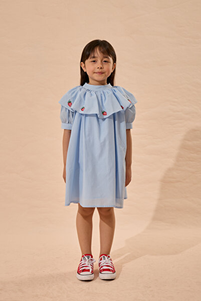 Fahhar Kids Rochie din bumbac cu broderie căpșuni, albastră