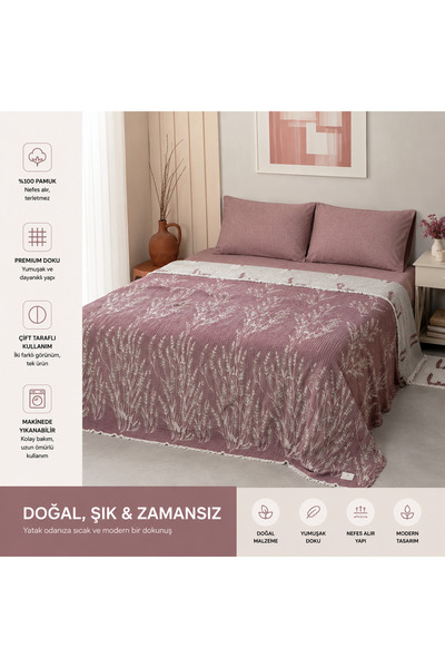 Yarımağa Tekstil Çift Kişilik Müslin Pike Yatak Örtüsü – Lavanta Desenli Bohe...