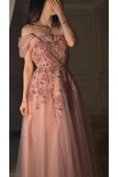 SHAMS Skin-Colored Tulle Embroidered Evening Dress