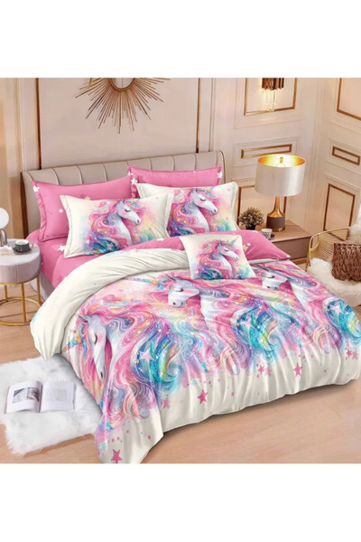 Pucioasa Set de lenjerie de pat Finet, 6 piese, Roz cu UNICORN colorat - R584