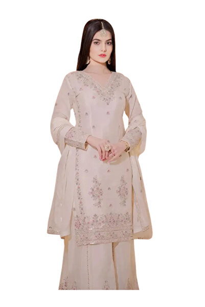MYSMAR Off-White Chinnon Silk Embroidered Palazzo Suit - TRNH0001 Off-White