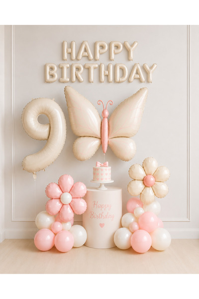 Balonsan Retro Cream Butterfly and Daisy -9- Happy Birthday Balloon Set with ...