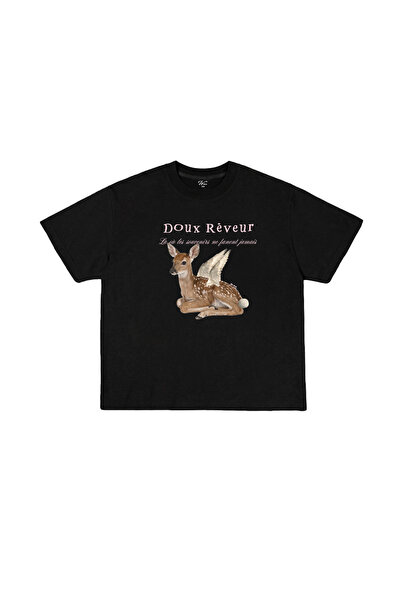 WHITE OF CREATIVE Doux Reveur Fawn Geyik Baskılı Yazılı Tişört