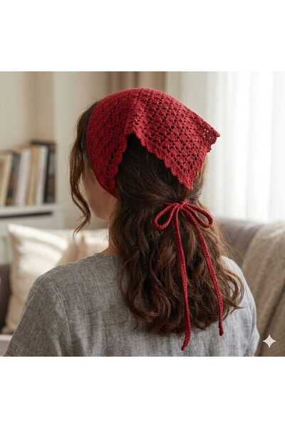 Kadın Kırmızı El Örgüsü Bandana Bohem Stil Dantel Saç Aksesuarı Plaj ve Günlük Kombin Saç Bandı