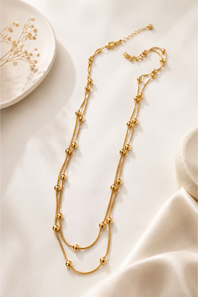 Archhazel Jewelery Gold Double Row Ball Detailed Steel Necklace
