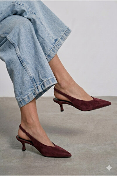 ÜNAL ÖZER Women's Burgundy Suede Pointed Toe with Elastic Back Detail Pino He...