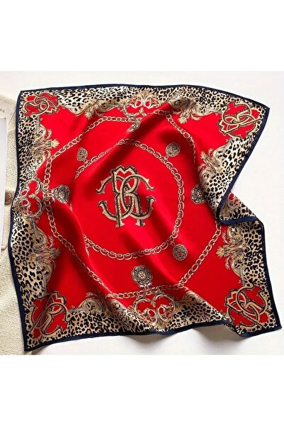 Mavero Women's Red Leopard Chain Patterned Rayon Scarf 50X50 cm Silky Soft Hair Bag Accessory Bandana
