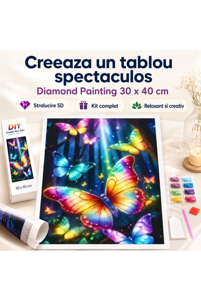 iTin Kit de broderie cu diamante 5D, Fluturi Colorati, Set DIY Multicolor pen...