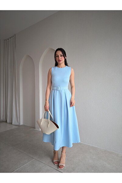 Mooi Butik Rochie midi cu curea MAGNETO 5505 - Albastru bebeluș