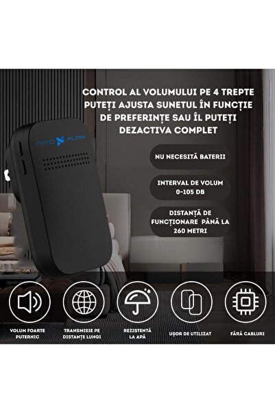 NITOPLAY Sonerie fara fir Nitoplay® S9, cu auto-generare de energie, fara baterii, semnal puternic pana la 260 m, 8 melodii, pana la 105 dB, volum reglabil, mod silentios, rezistenta la apa, instalare usoara