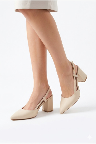 Lidora Women's Cream Suede 7 cm Thick Heeled Shoes Ayk2040