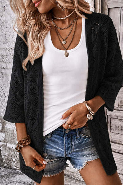 BORCKA TEKSTİL Cream Openwork Knitted Cardigan Comfortable Fit Long Sleeve Wo...