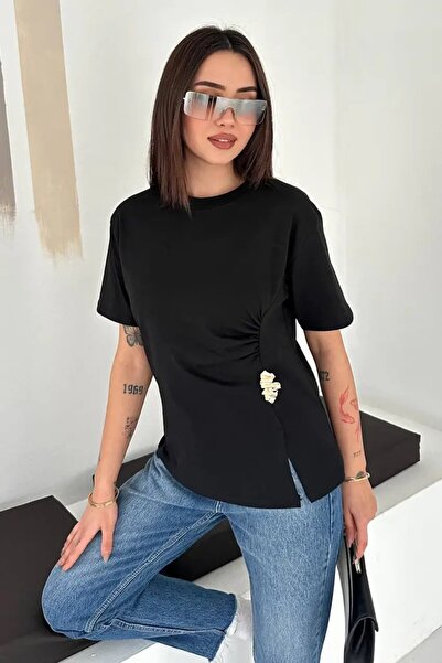 Cool & Sexy Women's Metal Detailed Draped Blouse Black
