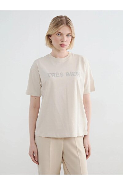 LC Waikiki Tricou de damă oversize cu guler rotund și aplicații de piatră (S6)