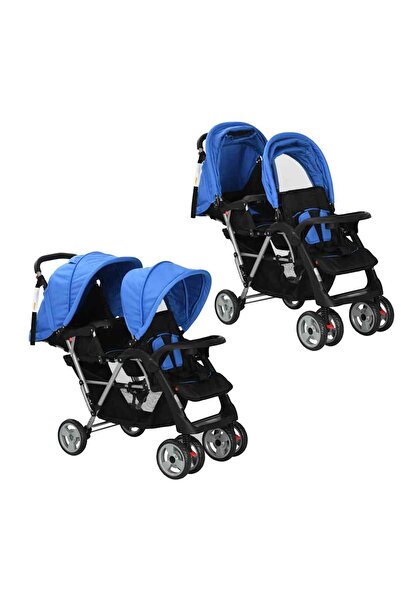 vidaxl Tandem stroller, blue and black, steel