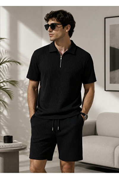 LU DUE Ottoman Fabric Casual Stylish Zippered Polo Collar T-Shirt and Shorts Set