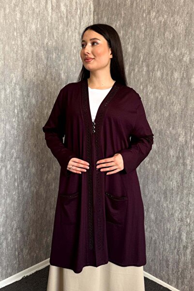 ModaPlaza Cardigan lung pentru femei, mărime mare, cu guler cu pietre, buzuna...