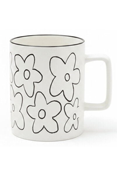 AKDC White Ceramic Daisy Flower Mug – 400 ml | Black Print & Rim