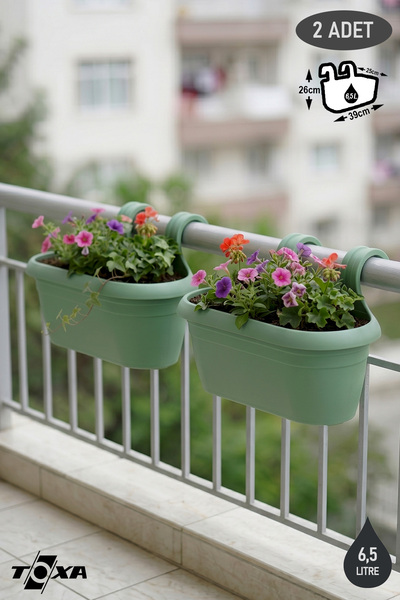 ToXA 2'li Hera Askılı Balkon Saksısı Seti 6,5 Litre (39cm) Drenaj Izgaralı ve...